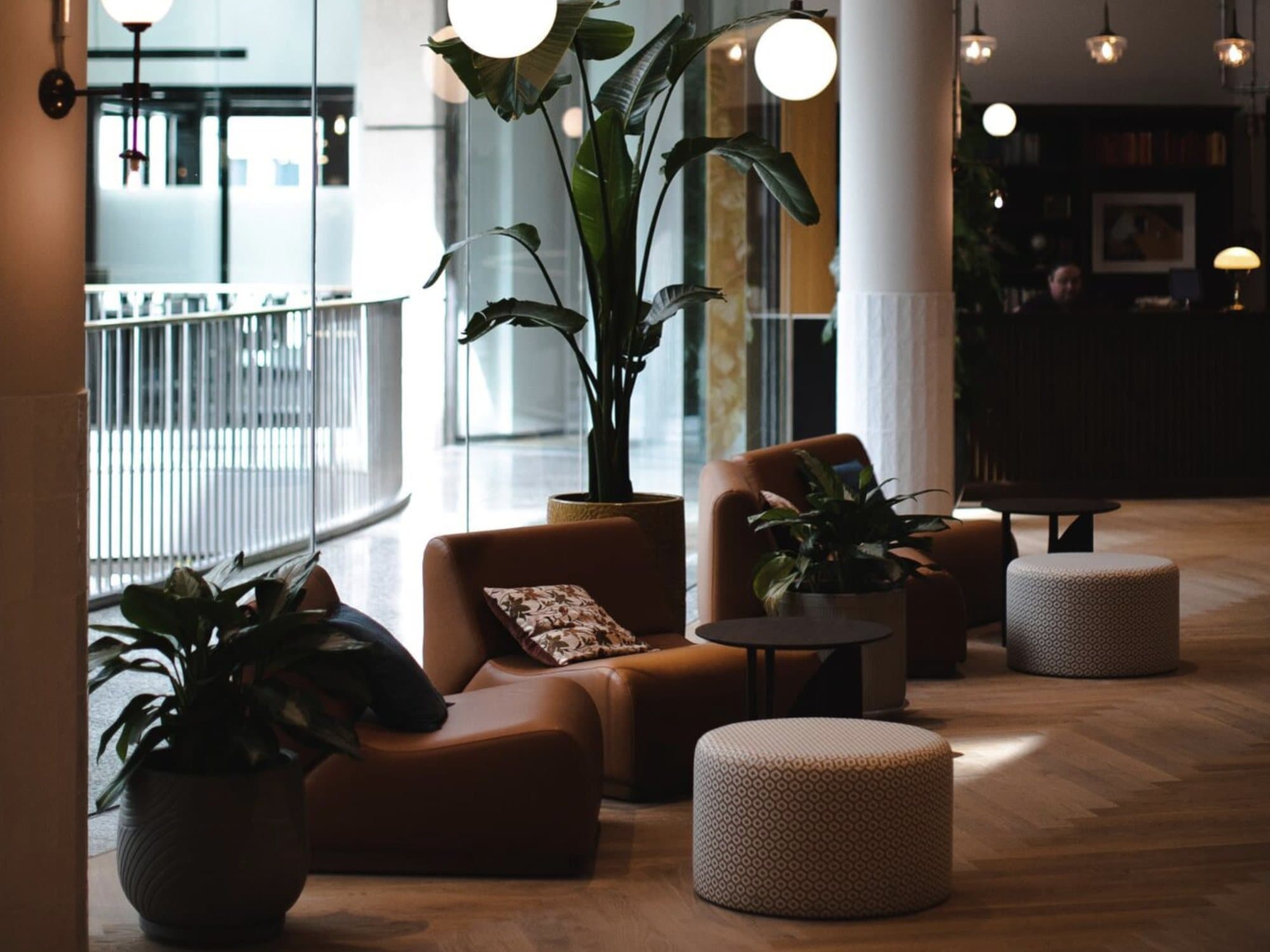 Die Lounge an unserem Standort in Düsseldorf: Ledersessel, hohe Pflanzen und Kugelleuchten
