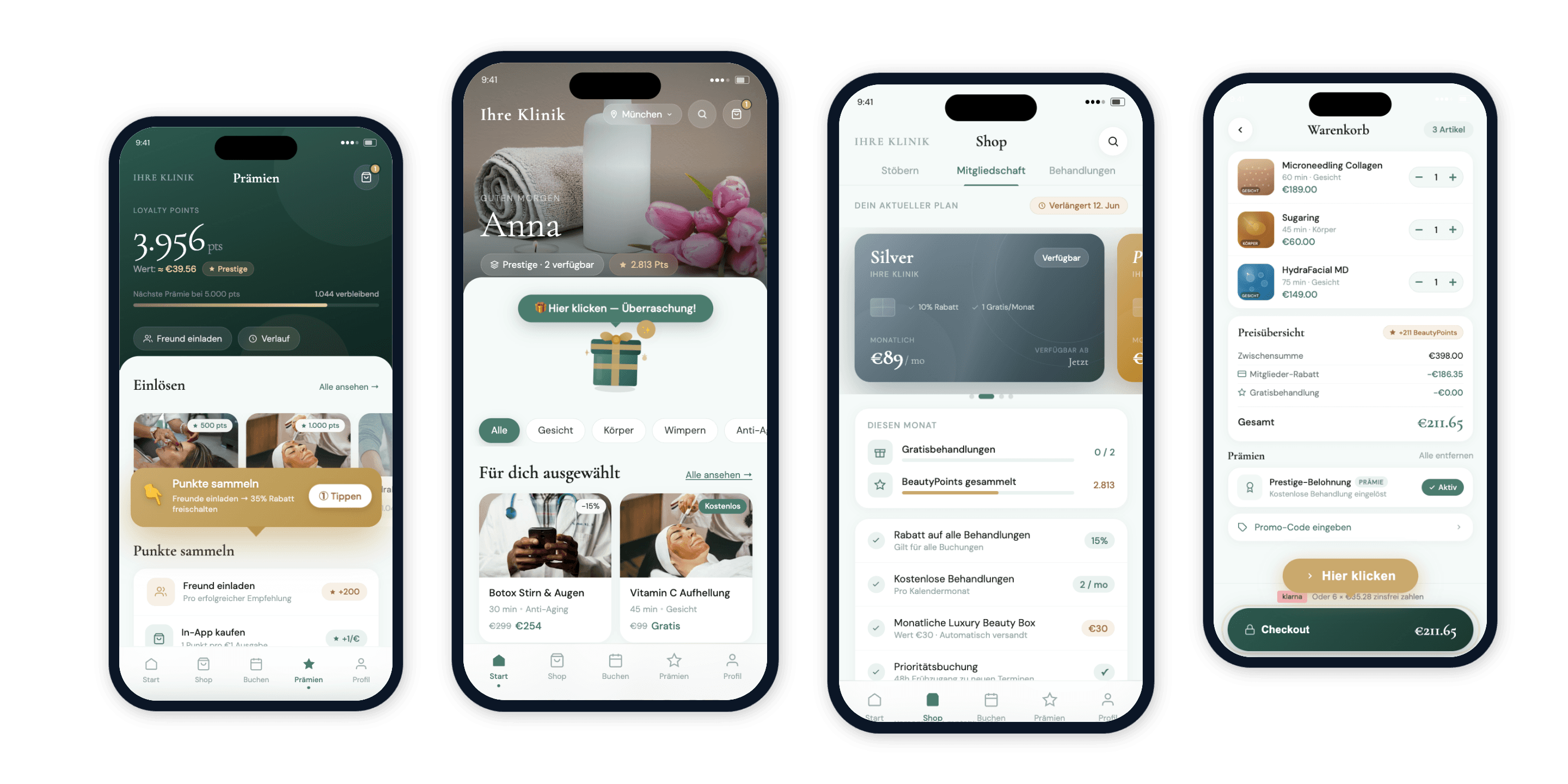 Vier Smartphones mit der App Beauty Circle: Startseite mit Angeboten, Prämien, Mitgliedschaften und Warenkorb