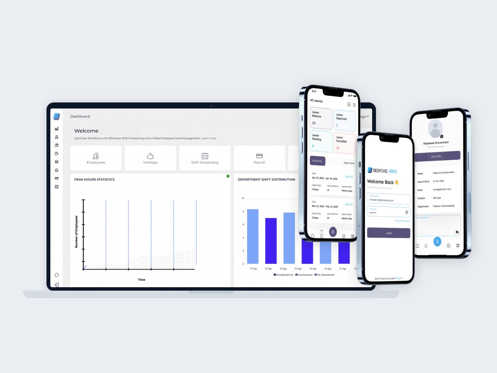 The Bespoke HRMS dashboard on a laptop with the employee app on phones