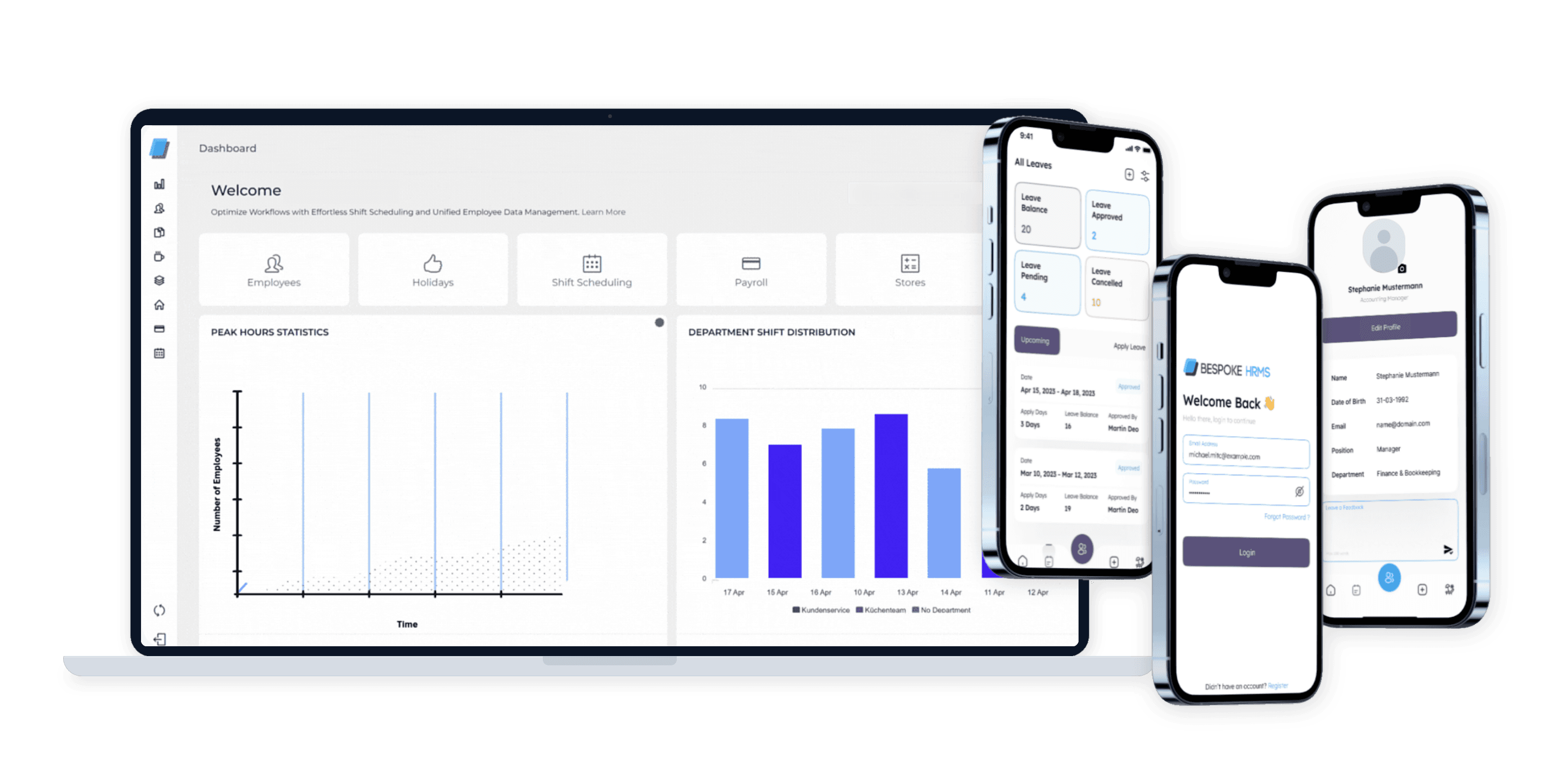 Das Dashboard von Bespoke HRMS auf einem Laptop neben drei Smartphones mit der Mitarbeiter-App