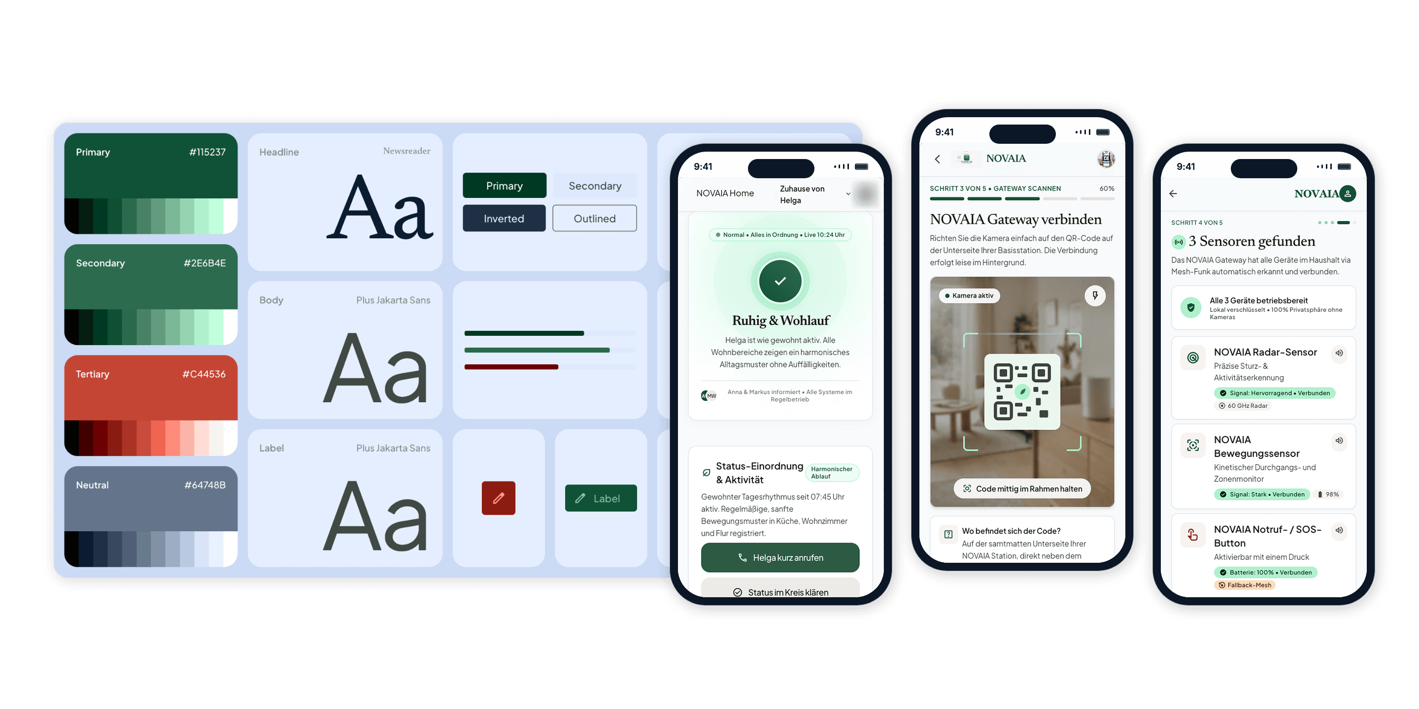 Das Designsystem-Board von Novaia Home hinter drei Smartphones mit den Bildschirmen für Status, Einrichtung und Sensoren