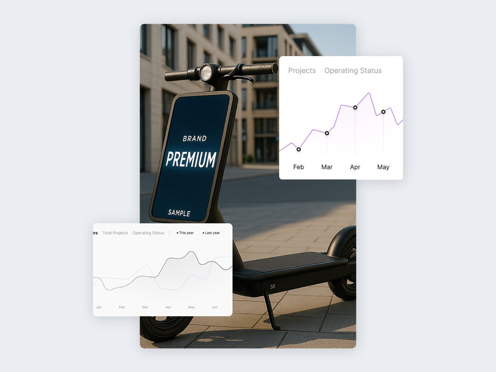 Ein E-Scooter von SparkDrive mit LED-Werbefläche und Analytics-Karten