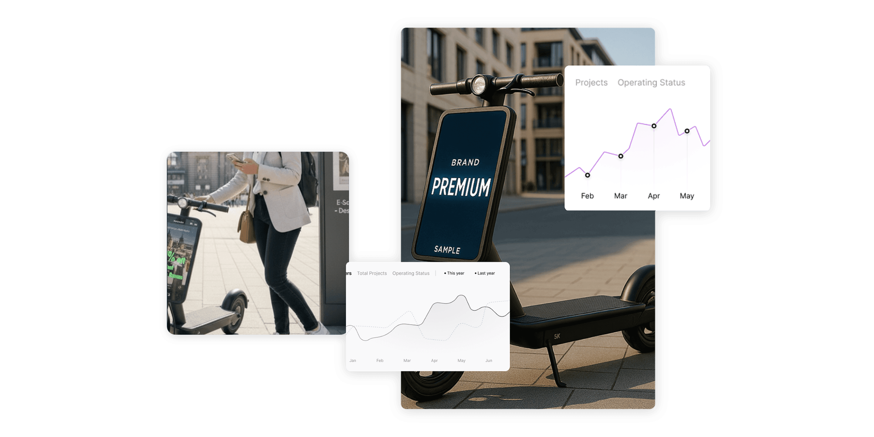 Ein E-Scooter von SparkDrive mit LED-Werbefläche und Analytics-Karten, daneben eine Person, die die App nutzt
