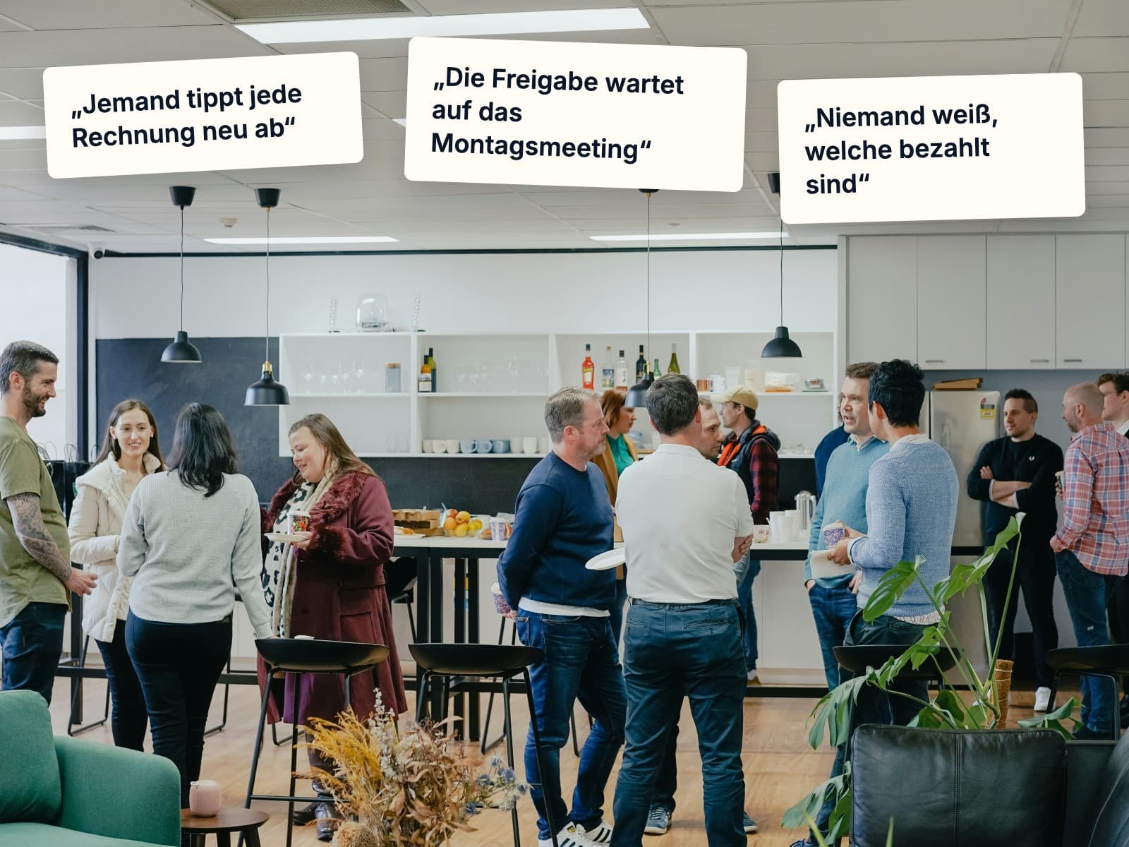 A team talking in the office kitchen, their process written in their own words