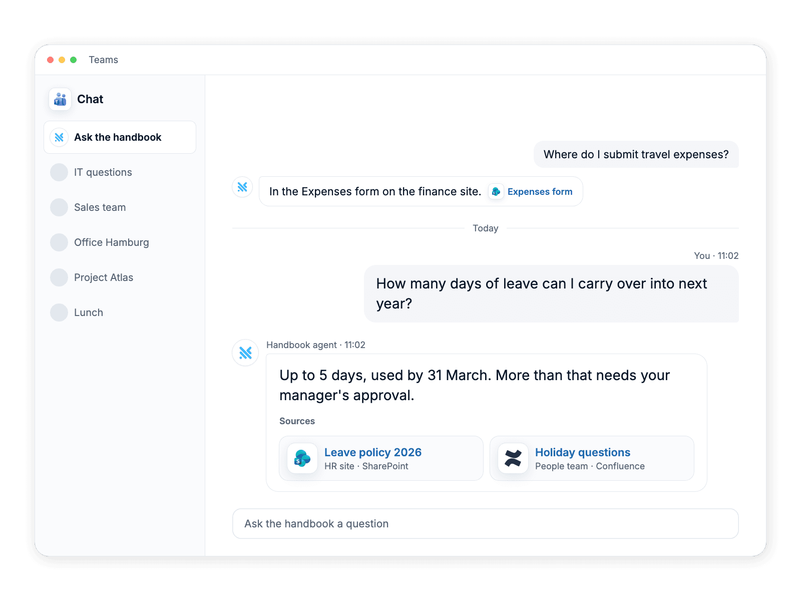 A staff question in Microsoft Teams answered in two lines with links to the source pages in SharePoint and Confluence