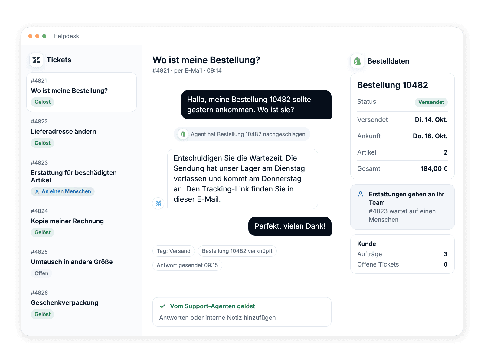 A help desk where the support agent answers an order question using the Shopify order record and hands a refund ticket to a person