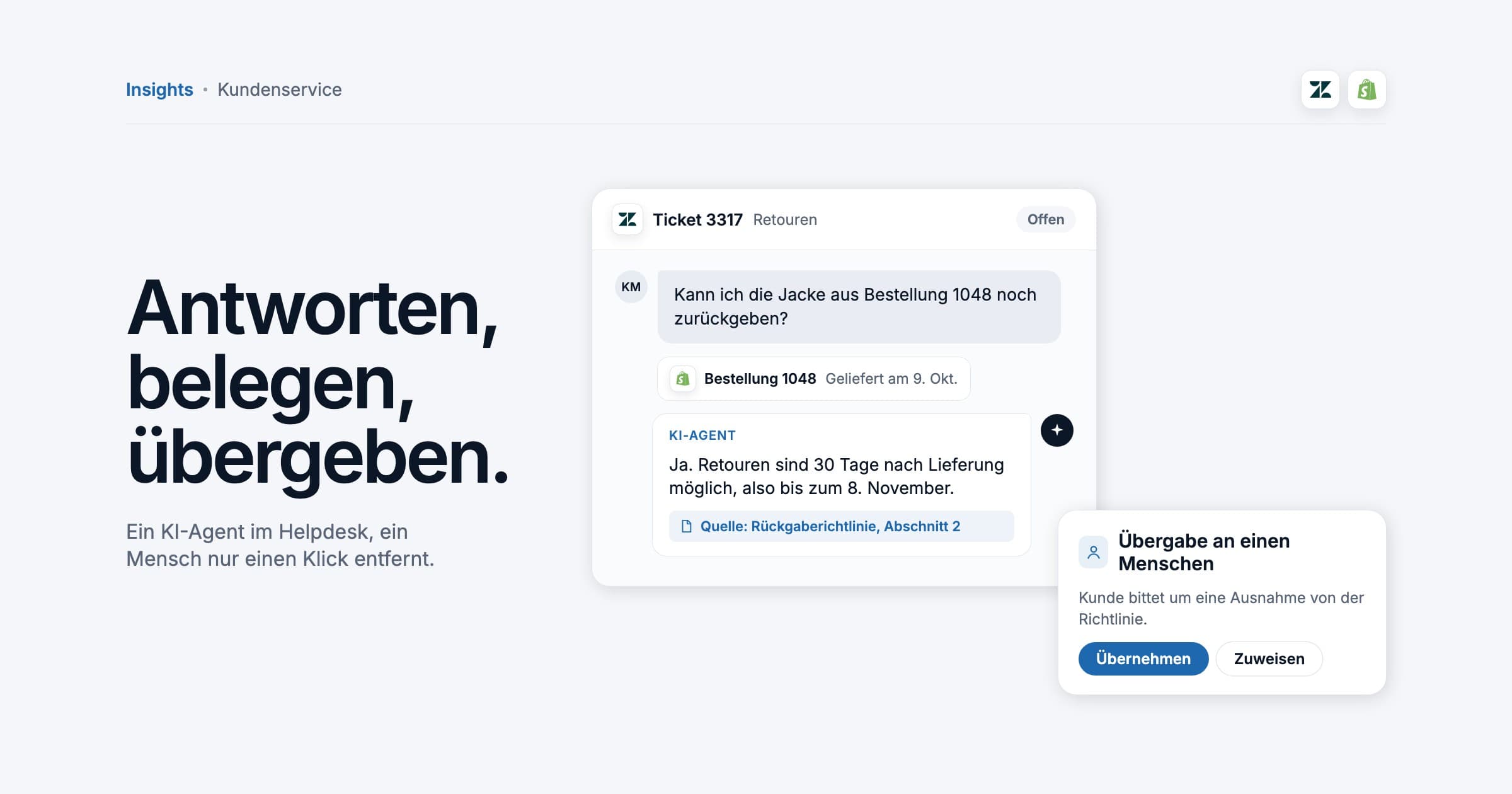A help desk ticket in which an AI agent answers a returns question and cites the returns policy, with a card handing the conversation off to a person, illustration.
