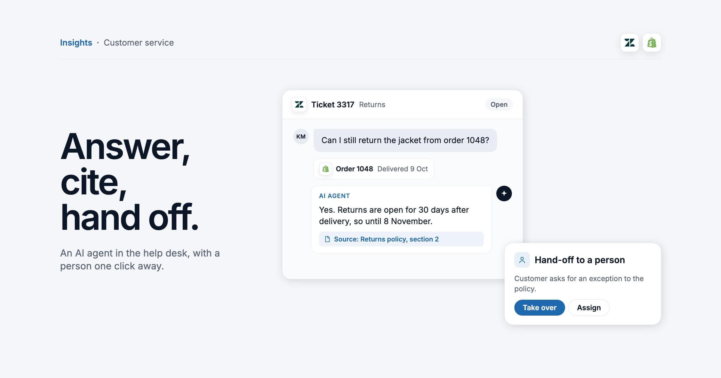 A help desk ticket in which an AI agent answers a returns question and cites the returns policy, with a card handing the conversation off to a person, illustration.