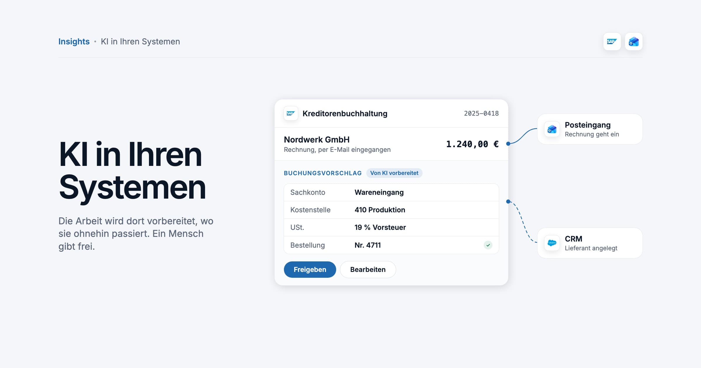 An accounts payable screen in SAP where an emailed invoice has become a posting proposal prepared by AI, waiting for a person to approve, linked to the inbox and the CRM, illustration.