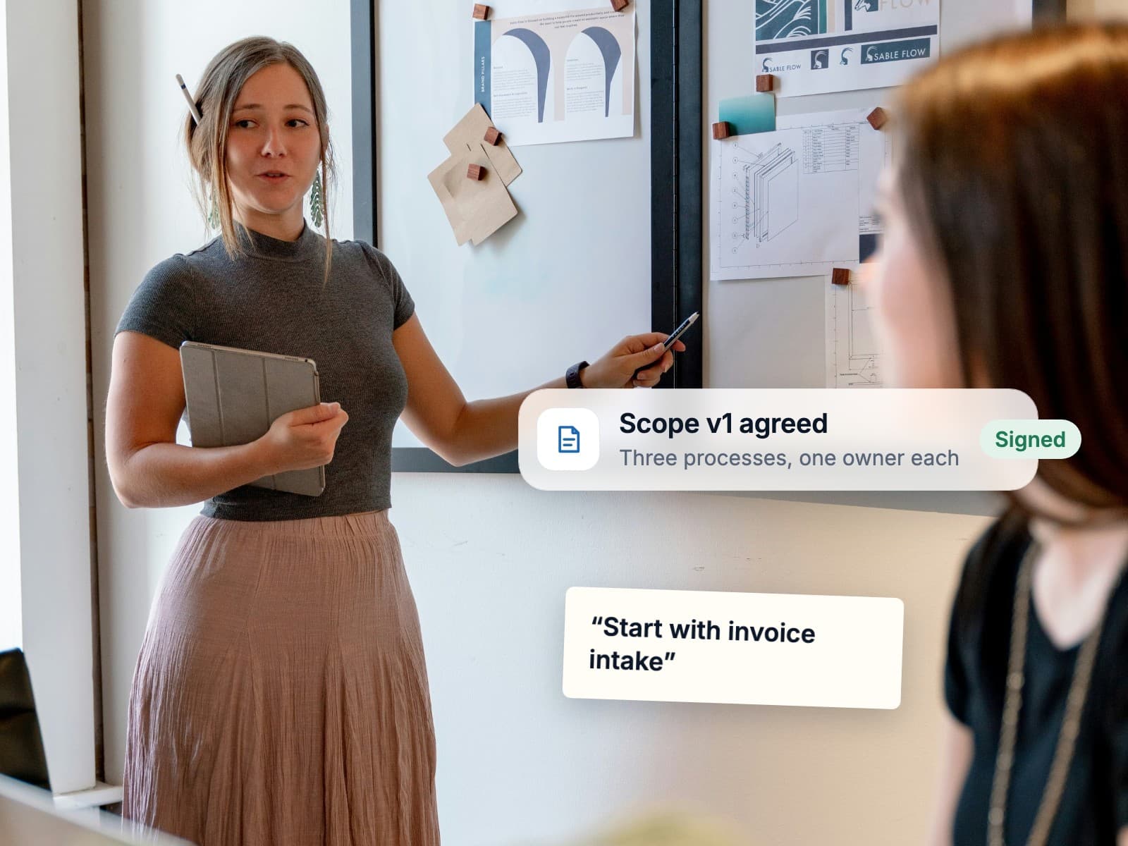 A workshop lead presenting the scope at a whiteboard