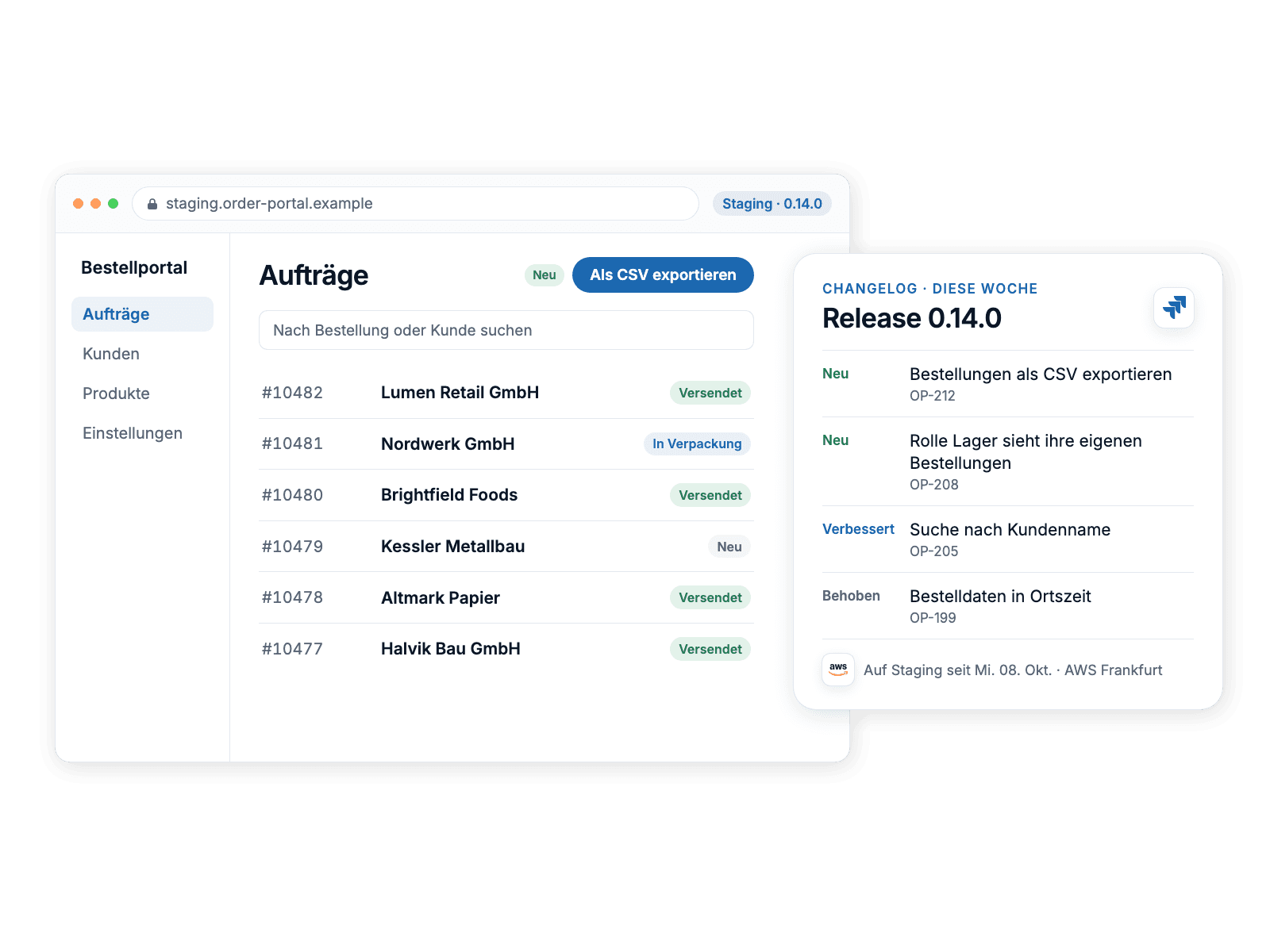 Engineering phase: this week's staging release of an order portal open in the browser, with its changelog of Jira tickets beside it.