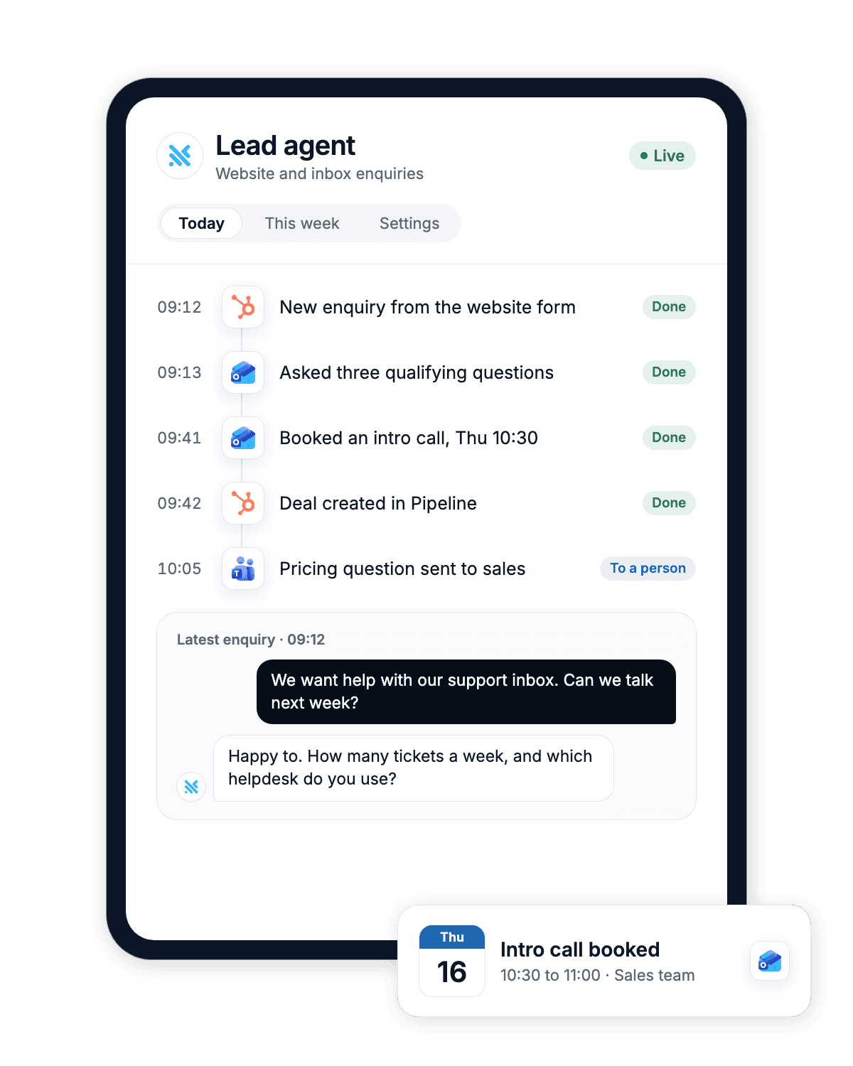 A lead agent's activity on a tablet: an enquiry from HubSpot, qualifying questions, an intro call booked in Outlook and a pricing question sent to sales
