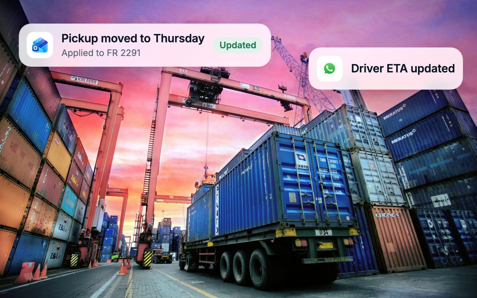 A container port at sunset while booking changes flow into the system