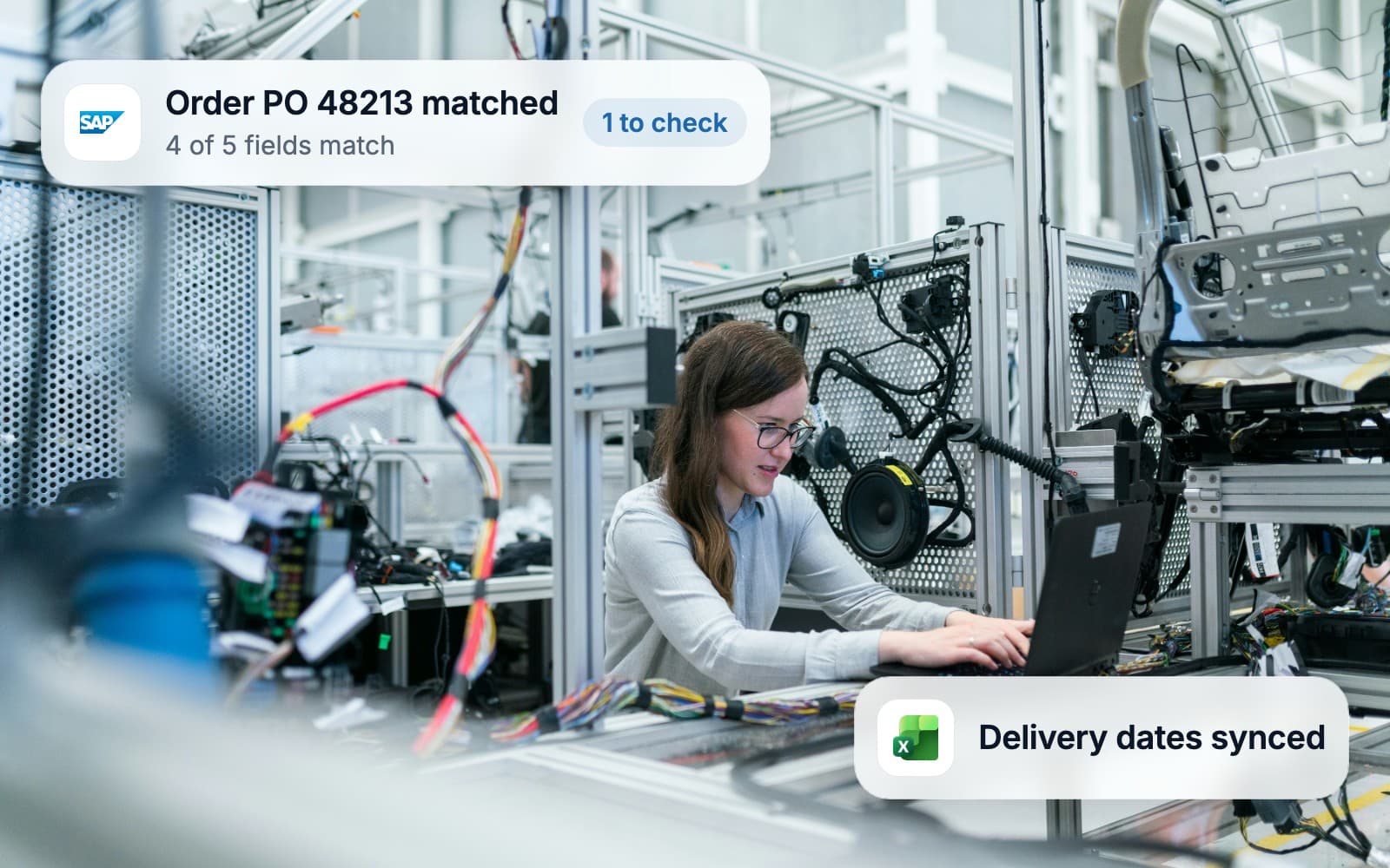 An engineer at a laptop in a robotics lab while an order is matched in SAP